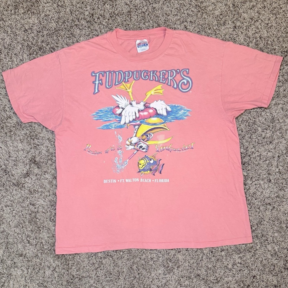 Vintage Fudpucker's Shirt Mens XL Pink Short Sleeve Florida Duck Fish USA 90s